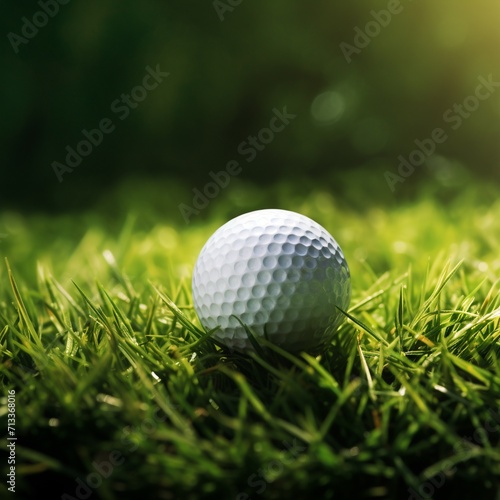 Golf ball on green grass. Focus on golf ball, shallow depth of field.AI.