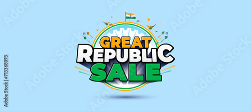 Shopping and advertising promotional sales, offer, deal, discount logo design. Republic Day of India. Indian tricolor flag with Great Republic sale 3d text.