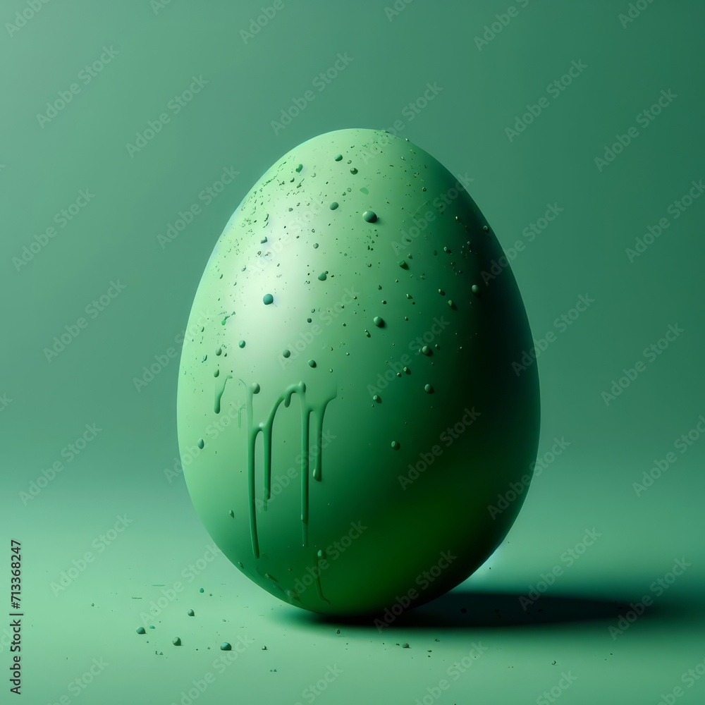 Bright green Easter egg doused with paint isolated on a bright green background. Easter holiday concept in minimalism style. Fashion monochromatic composition. Web banner with copy space for design. Bright green Easter egg doused with paint isolated on a bright green background. Easter holiday concept in minimalism style. Fashion monochromatic composition. Web banner with copy space for design.