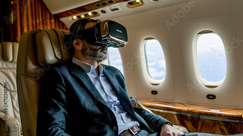 Photograph of one man at a plane seat wearing a VR headset. © MadSwordfish