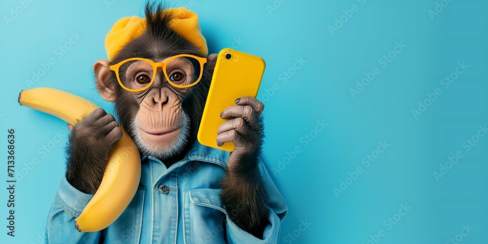 Cute monkey in a blue jacket with a yellow banana and phone on a blue background - obrazy, fototapety, plakaty 