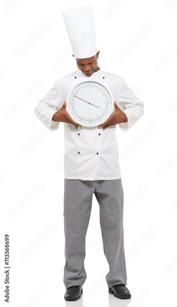Chef, smile and man with clock for time, speed or deadline isolated on white studio background. Cooking professional, countdown alarm or fast urgency of African person in restaurant catering service Chef, smile and man with clock for time, speed or deadline isolated on white studio background. Cooking professional, countdown alarm or fast urgency of African person in restaurant catering service