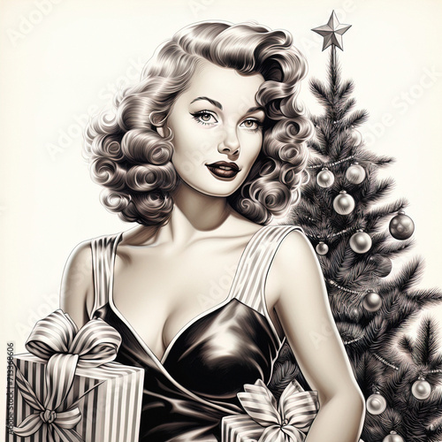 Vintage 1950's Pin-up Girl Christmas Scene, Coloring Page with Crisp Black Lines on White Background.
