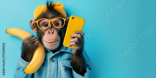 Cute monkey in a blue jacket with a yellow banana and phone on a blue background