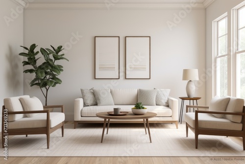 Serene sitting room with a focus on simplicity, showcasing a minimalist sofa and stylish accent chairs