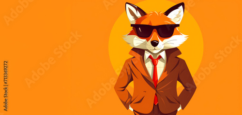 Fox in the image of a businessman in dark glasses and brown suit with a red tie on an orange background. Flat illustration, creates an image of a charismatic, confident character
