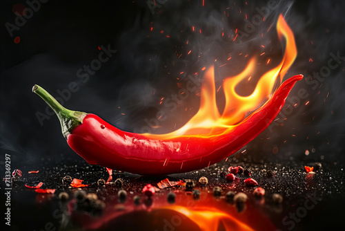 A flaming hot red chilli pepper on fire. Burning hot spicy chilli food photo