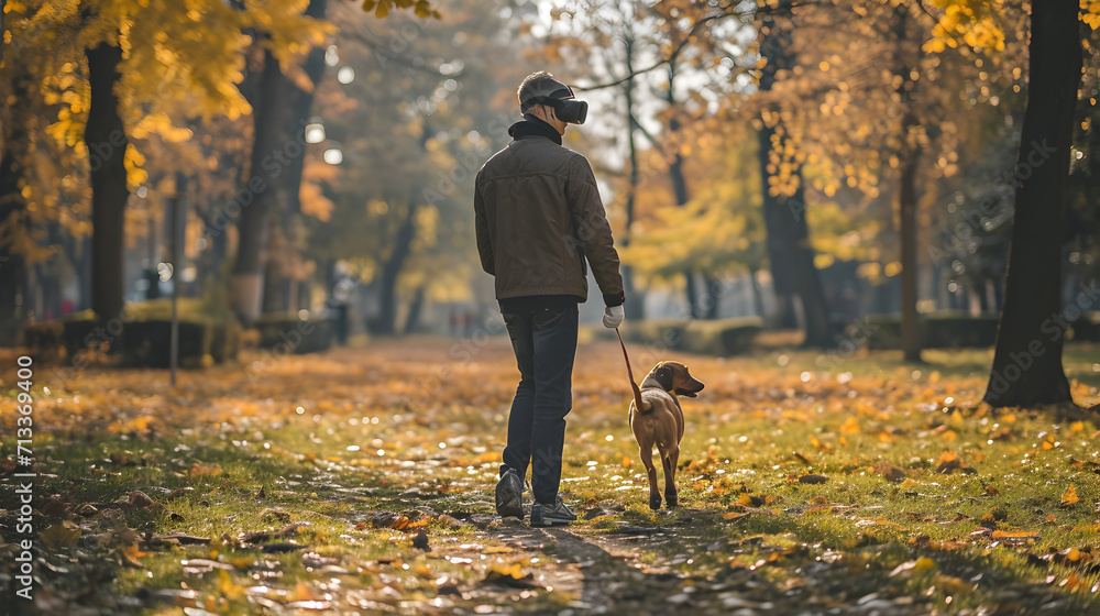 Photograph of one man walking a dog in the park wearing a VR headset. Photograph of one man walking a dog in the park wearing a VR headset.