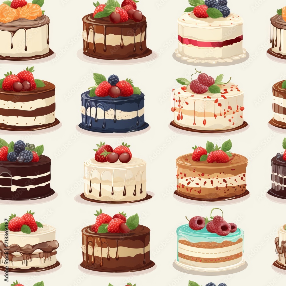 Delicious cake pattern on a beautiful light background, perfect for celebrations and bakeries Delicious cake pattern on a beautiful light background, perfect for celebrations and bakeries