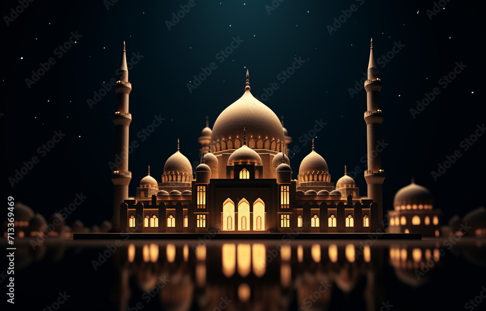 Luxury golden islamic mosque night view for ramadan kareem background image ai generative