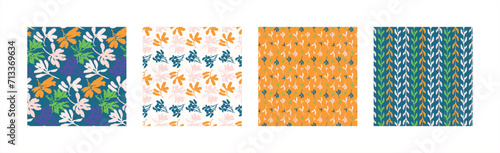Trendy vector floral pattern set with organic botanical shapes. Modern bold summer flower print, design collection in scandi style.