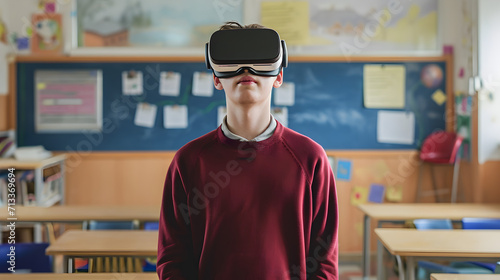 Photograph of one man in a school classroom wearing a VR headset.