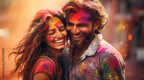 couple enjoying colourful holi with smiling face,s Generative Ai