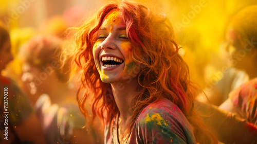girl enjoying colourful holi with smiling face, celebration of holi, Generative Ai