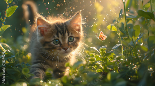 A cute playful kitten chasing a fluttering butterfly with dappled sunlight through lush foliage at the background