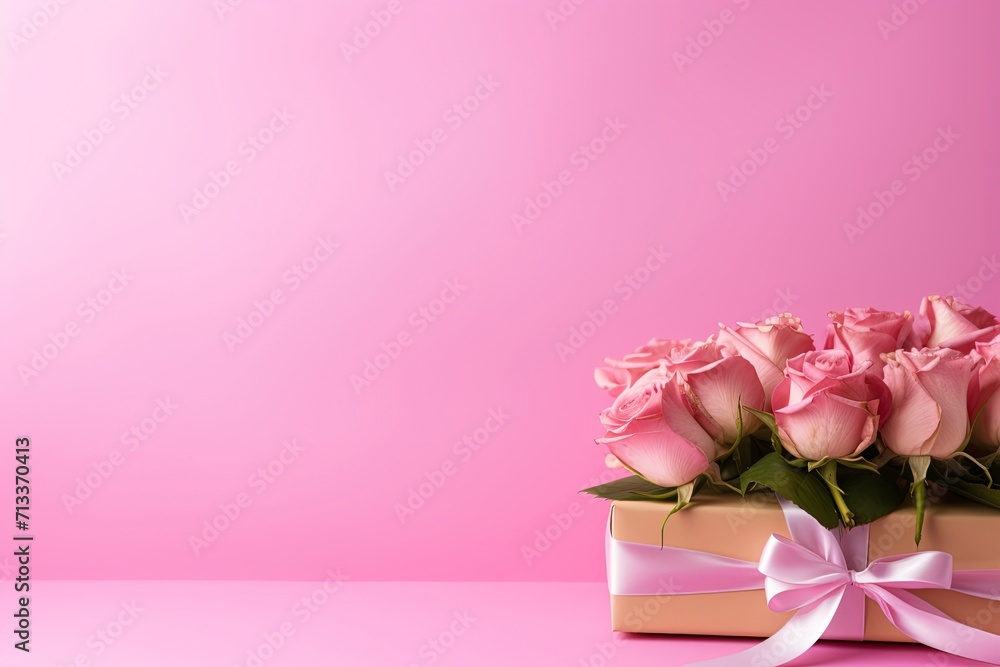 pink roses and gift box with generative ai