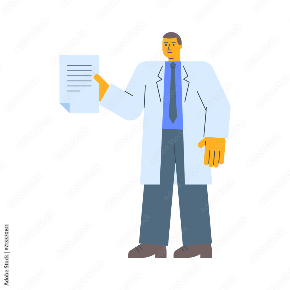 Doctor in robe holds document and smiles Doctor in robe holds document and smiles