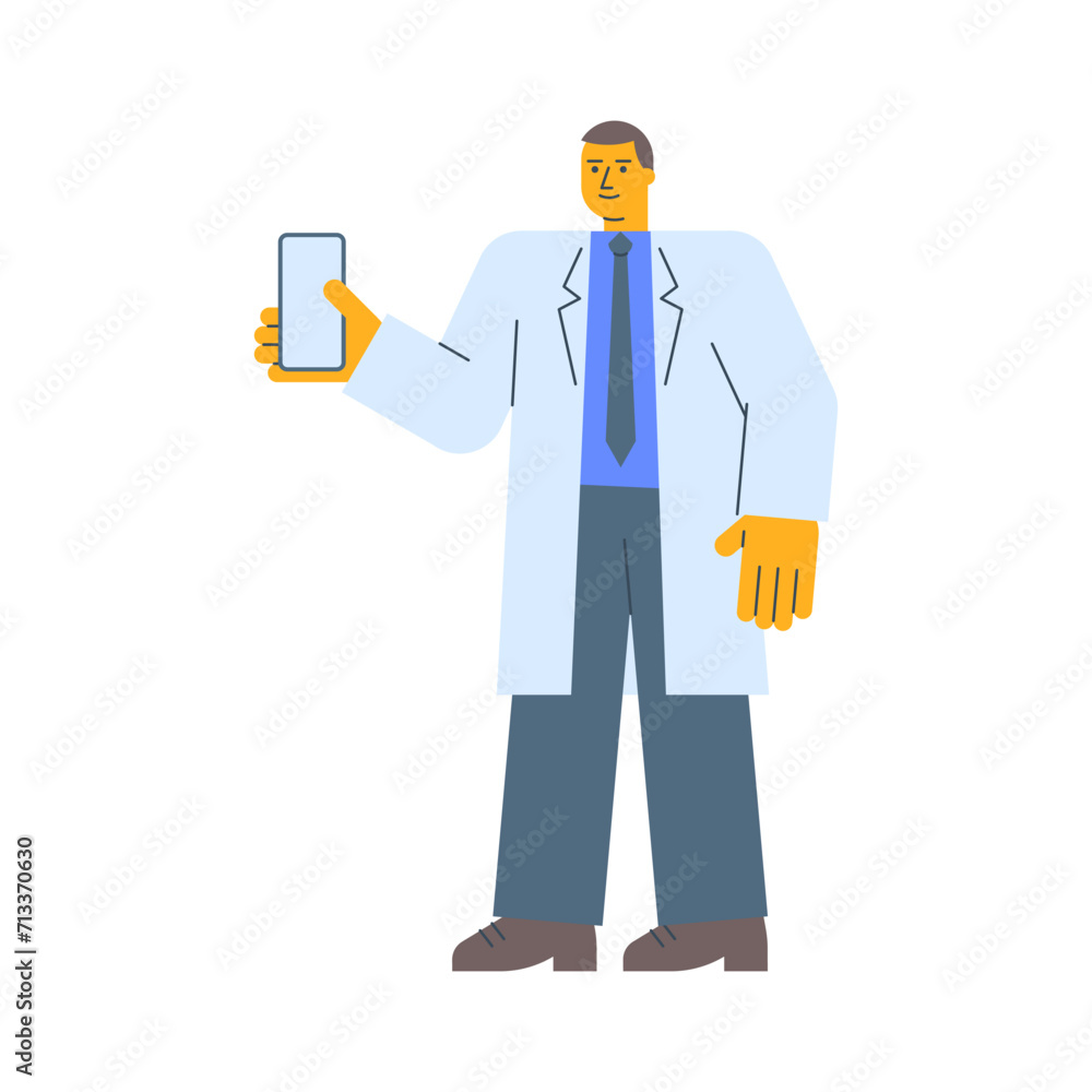 Doctor in robe holds mobile phone and smiles