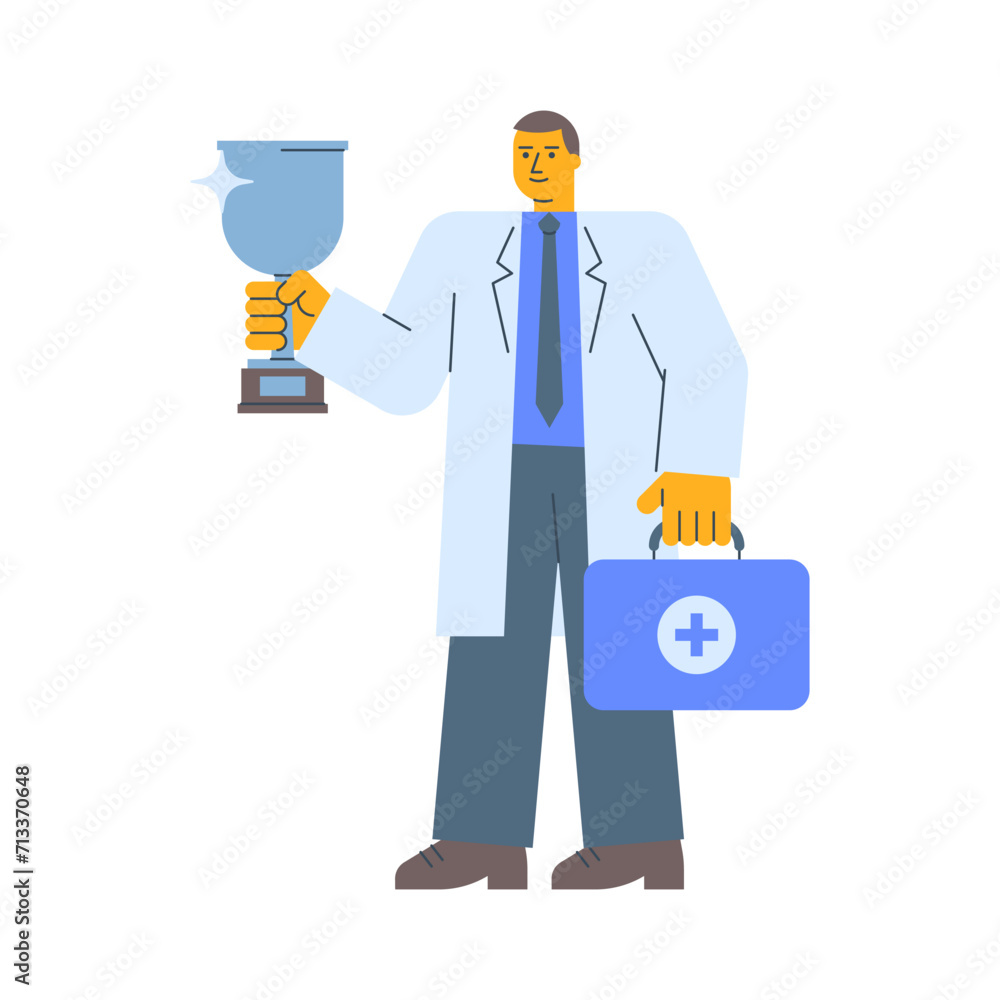 Doctor in robe holds silver cup holds suitcase and smiles Doctor in robe holds silver cup holds suitcase and smiles