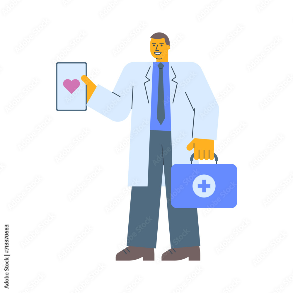 Doctor in robe holds tablet with picture heart holds suitcase and smiles