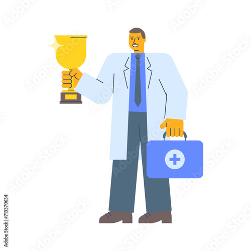 Doctor in robe holds gold cup holds suitcase and smiles