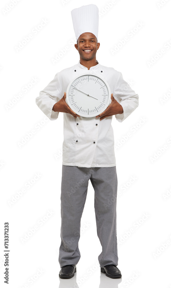Chef, clock and portrait of happy black man with time, speed or deadline isolated on a white studio background. Smile, cooking professional and countdown alarm for fast urgency in catering service