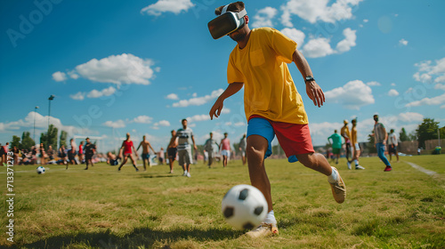 Photograph of one man playing soccerwearing a VR headset.