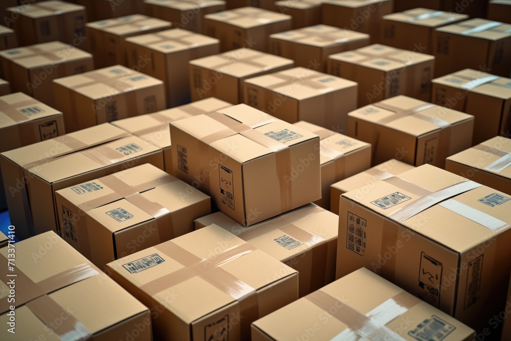 Piled card boxes in warehouse distribution logistic centre background Piled card boxes in warehouse distribution logistic centre background