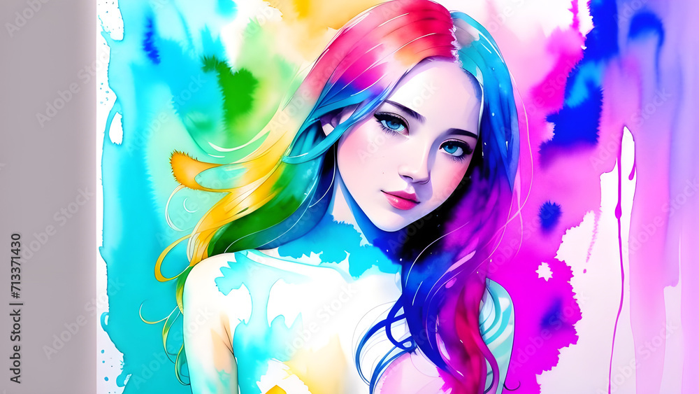 illustration water color of a beautiful asian woman with bright colorful hair