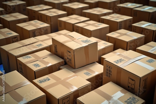 Piled card boxes in warehouse distribution logistic centre background