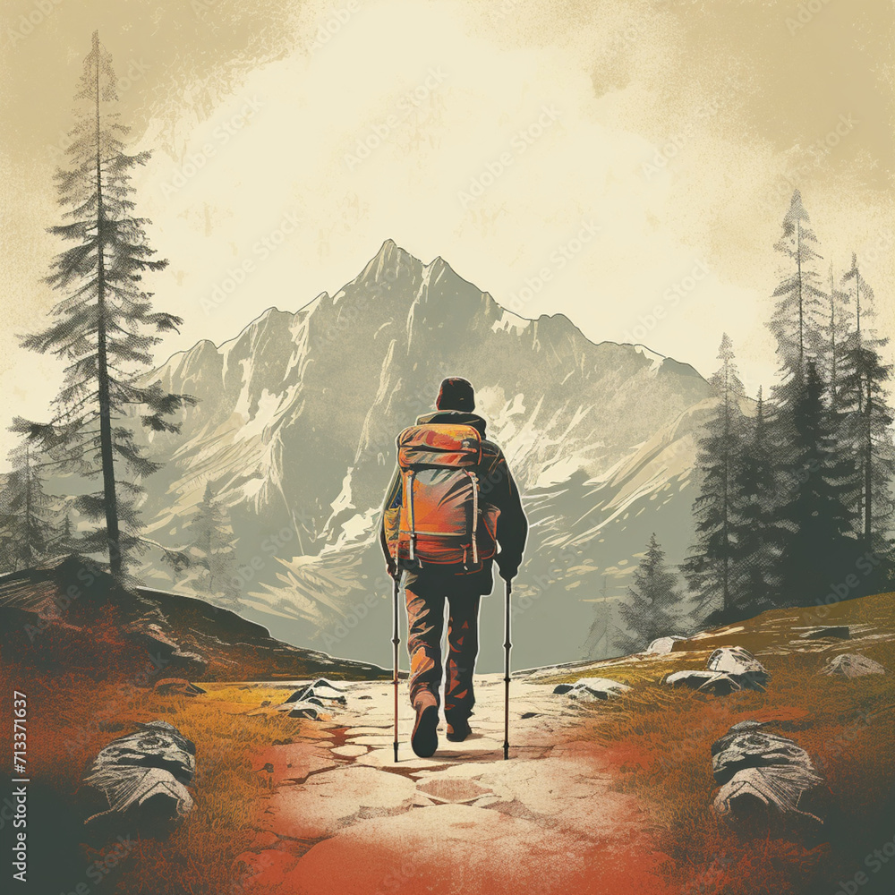 Obraz premium traveler against the backdrop of mountains, with trekking poles and a backpack in retro style