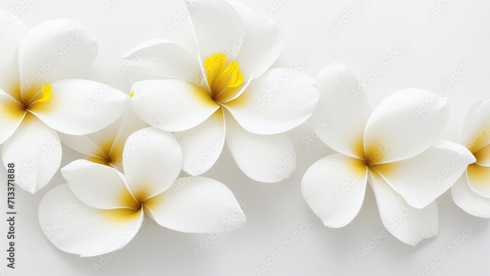 Obraz premium Beautiful Plumeria flowers on white surface