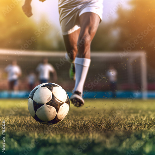 A close-up photo of a leg trying to kick a soccer ball in the background of a grass soccer field.