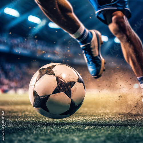 Soccer Player Kicking Ball for Winning Goal in Vibrant Stadium