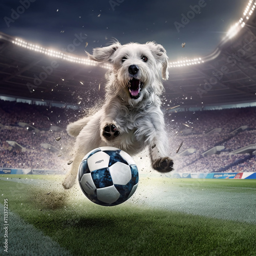A dog playing football.