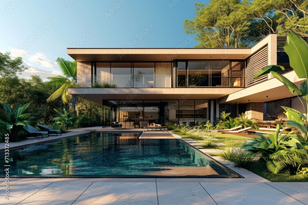 Fototapeta premium Modern house exterior with a sleek design, large windows, and a spacious swimming pool surrounded by lush landscaping