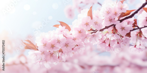 Blossoming Cherry Tree: A Delicate Pink Beauty in Nature, Embracing the Springtime Freshness with Fragile Petals and Soft White Buds against a Blue Sky Background
