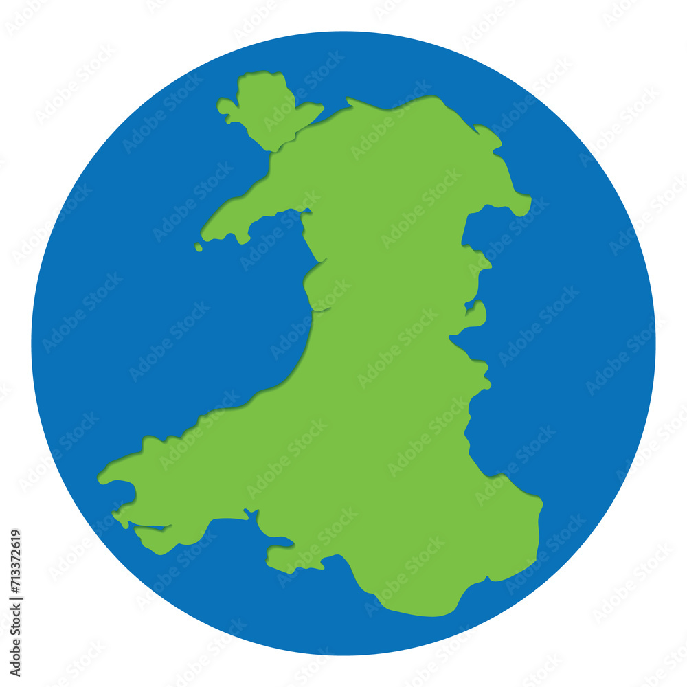 Wales map green color in globe design with blue circle color.