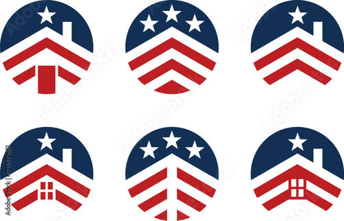 Stars and Stripes Home Logos Set - A Collection of Circle-Shaped Icons Featuring Houses with the American Flag Design, Ideal for Real Estate and Patriotic Themes