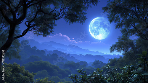 digital art piece depicting a bright full moon hanging above a lush forest under a starry night sky