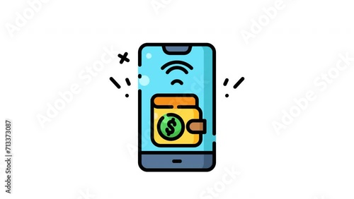 Animated smartphone with a wallet symbolizing digital payment or finance. Suitable for financial technology software, mobile banking, digital wallet services. (ID: 713373087)