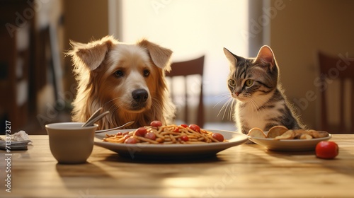 Golden retriever and a tabby cat sitting at a table, gazing longingly at a plate of spaghetti. photo
