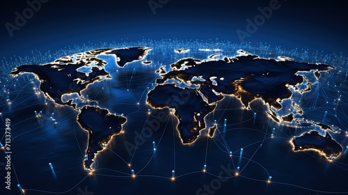 A night-time visualization of the world with an illuminated network grid representing global communication and connectivity across continents.