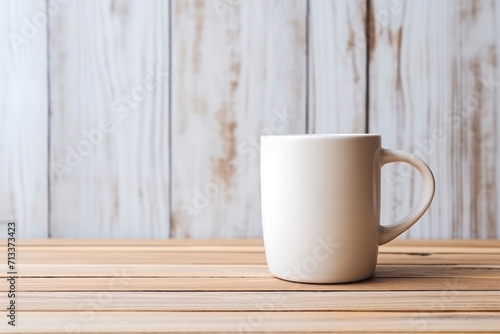 Vintage Wooden Coffee Cup on White Table: Morning Beverage with Rustic Charm © SHOTPRIME STUDIO