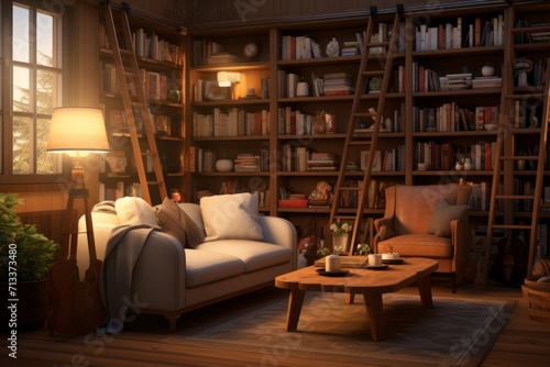 Cozy corner in a library, featuring bookshelves, comfortable seating, and warm lighting © Chand Abdurrafy