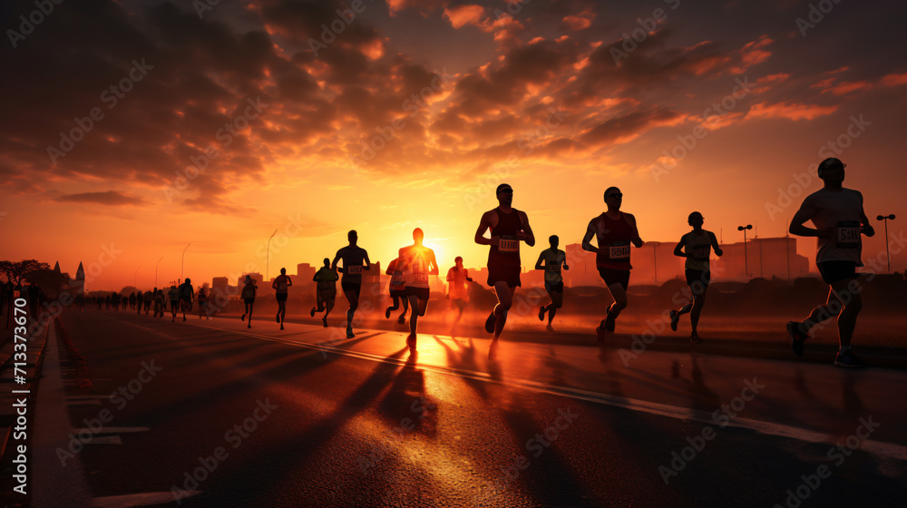Fototapeta premium runners in the middle of a marathon race during dusk of a day, in the style of eye-catching detail, stylish