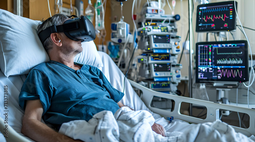 Photograph of one man in a hospital bed wearing a VR headset. photo