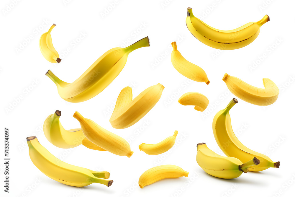 bananas flying isolated on white background