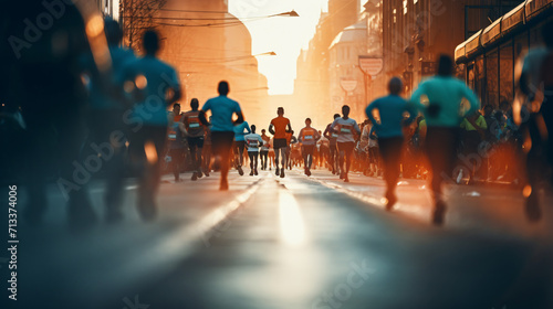 people running in the street during a marathon, in the style of eye-catching detail, dark orange and light cyan, award-winning, stylish, photo taken with provia, commission for, close up