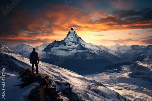Adventure man peak hiker snow nature sunset person travel mountaineer hiking © SHOTPRIME STUDIO